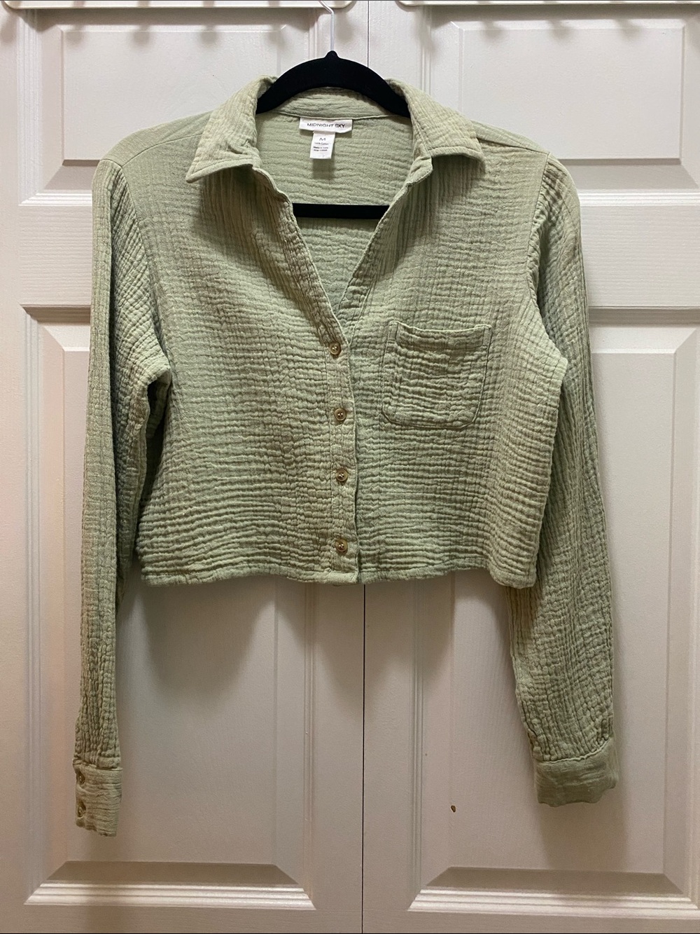Midnight Sky Sage Green Cropped Button-Front Gauzy Shirt - Boxy Look - Size M